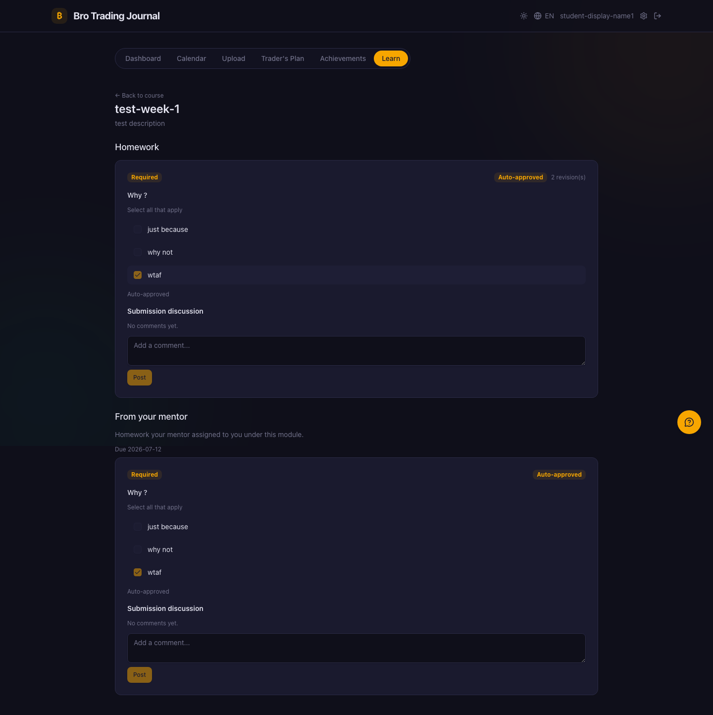 A student module page with a From-your-mentor section: personal homework assigned by the mentor, with a due date, below the module's own homework