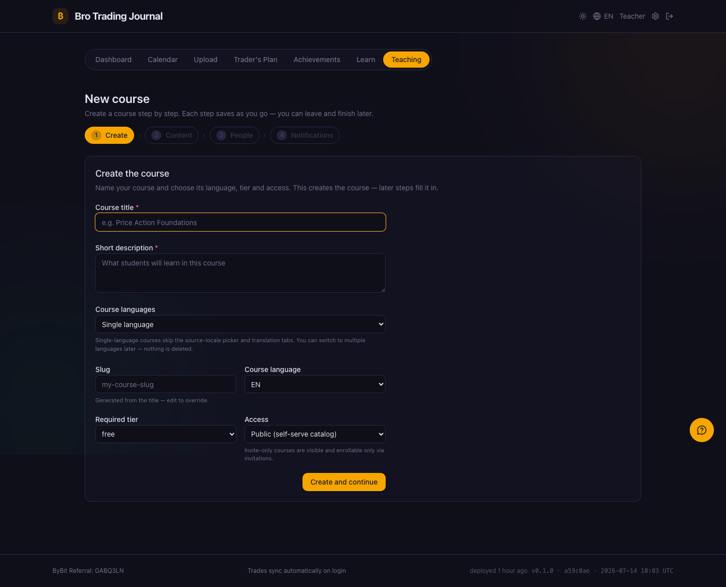 Step one of the new-course wizard: a Create step with a course name and language, and a stepper for Content, People and Notifications