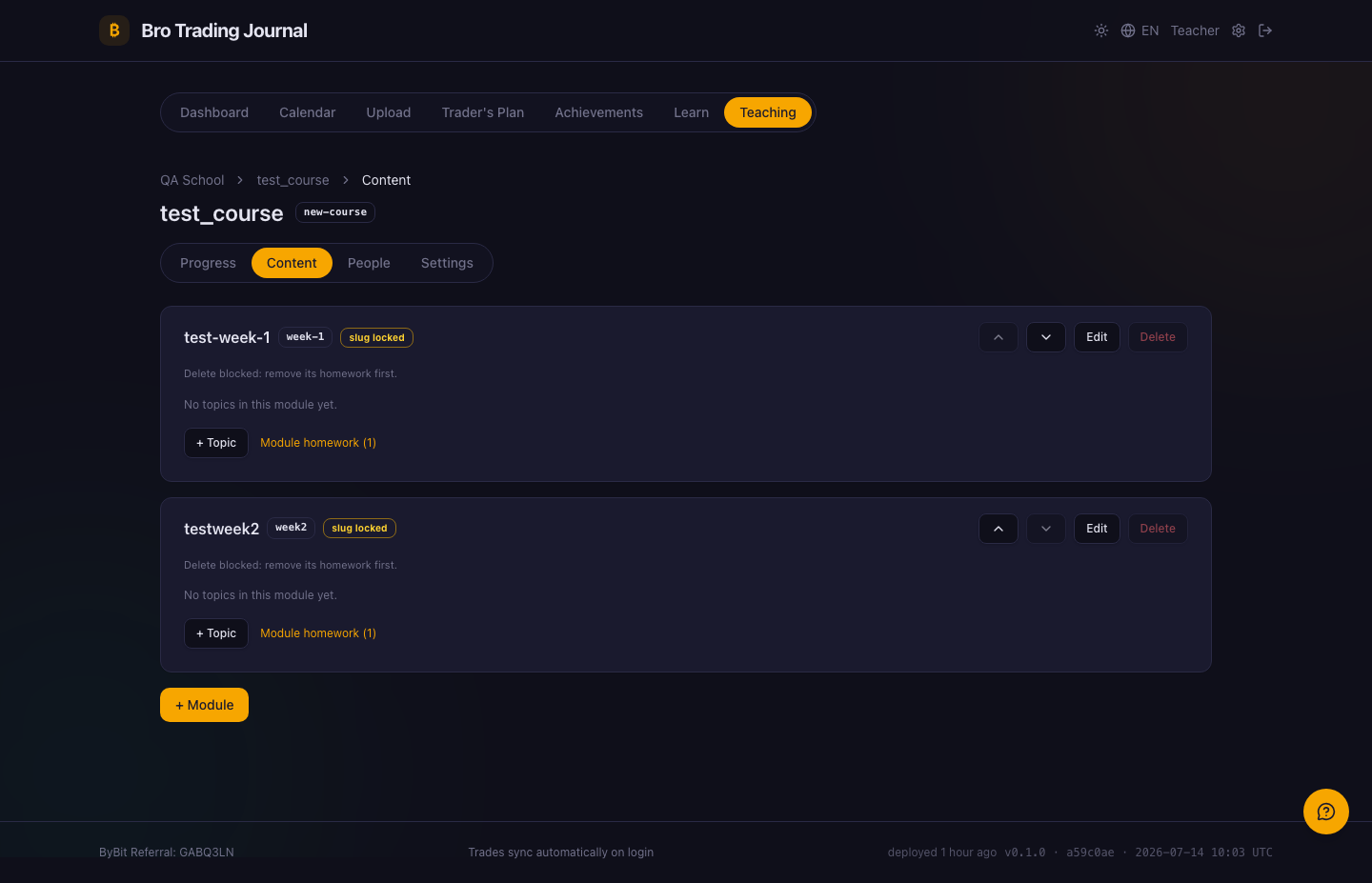 The Content tab structure editor: a course built as modules containing topics and classwork, with add-module, add-topic and add-classwork controls