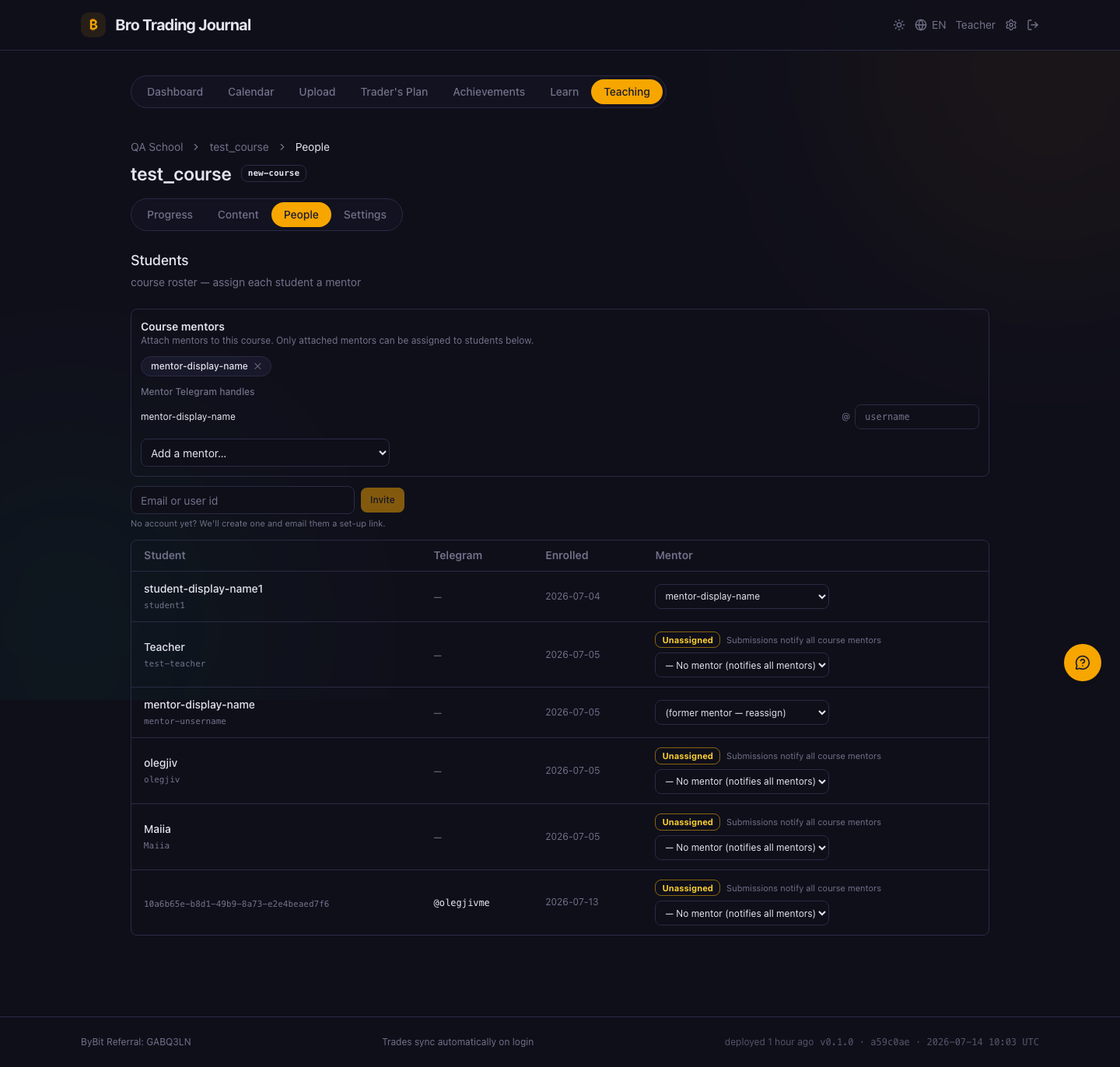 The People tab: a course-mentors manager, an invite-student form, and a roster table where each student row has a mentor selector