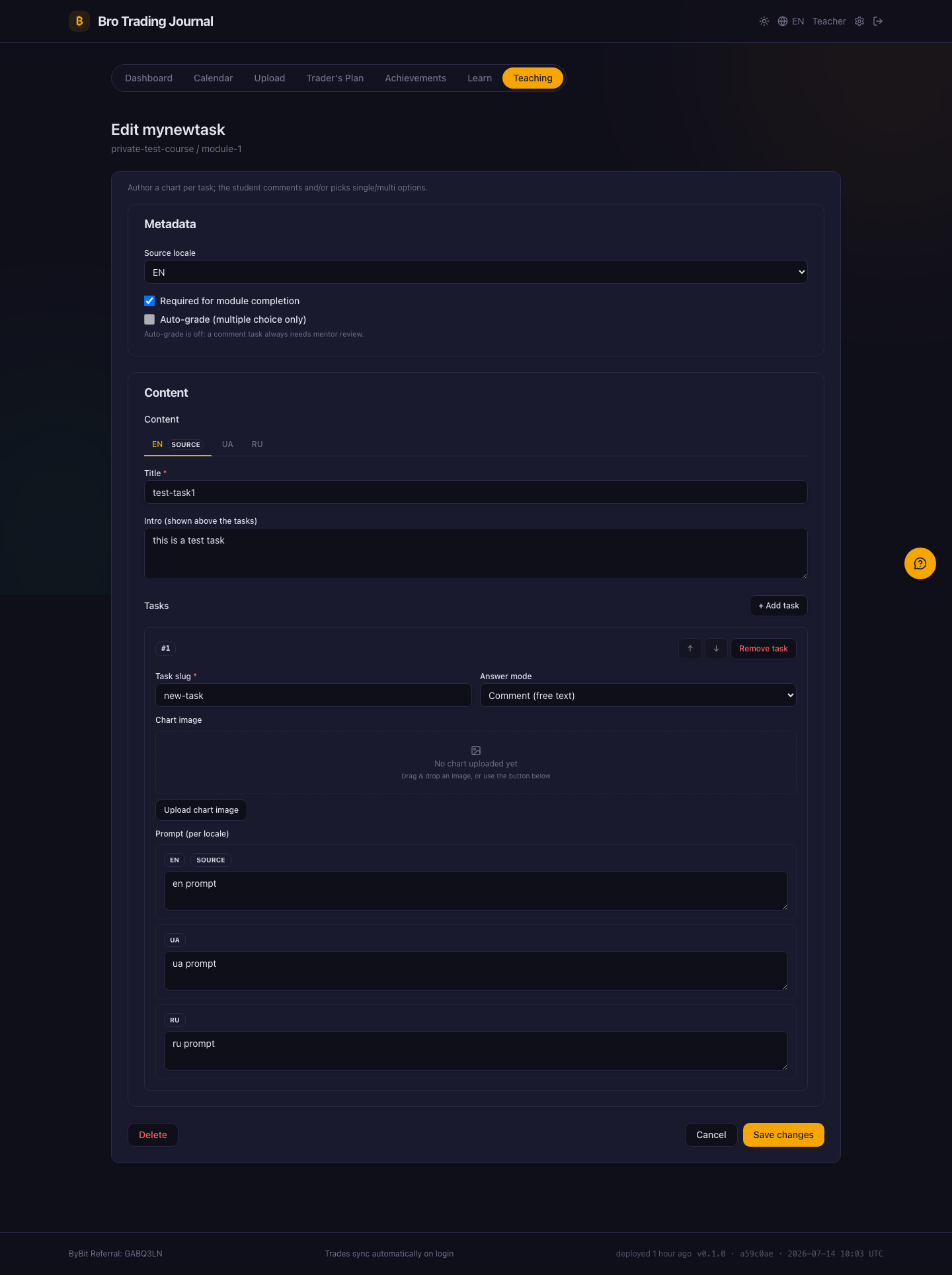 The classwork editor: metadata with source locale and grading options, plus a task with a chart upload, answer mode and a per-locale prompt in EN, UA and RU tabs